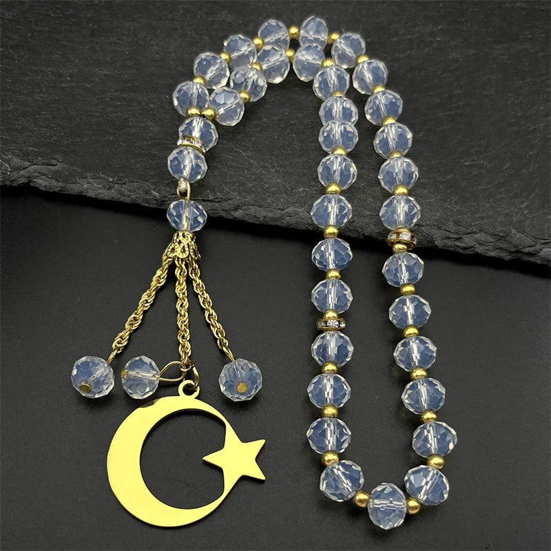 Stainless Steel Quran Arabic Car Pendant Islamic Muslim 33 Prayer Beads Glass Chain Rearview Mirror Pendant Religious Jewelry
