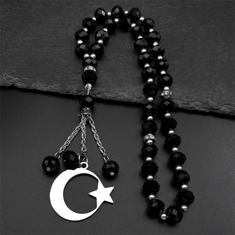 Stainless Steel Quran Arabic Car Pendant Islamic Muslim 33 Prayer Beads Glass Chain Rearview Mirror Pendant Religious Jewelry
