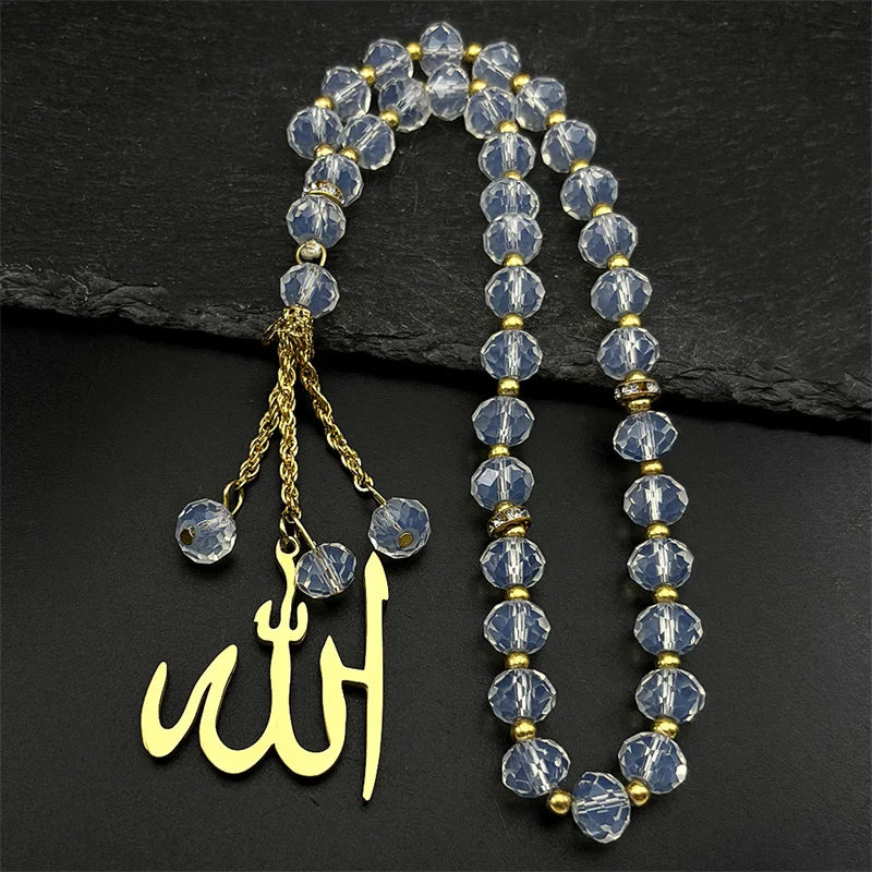 Stainless Steel Quran Arabic Car Pendant Islamic Muslim 33 Prayer Beads Glass Chain Rearview Mirror Pendant Religious Jewelry