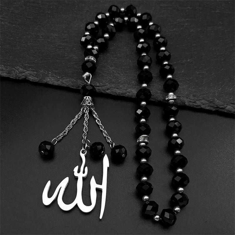 Stainless Steel Quran Arabic Car Pendant Islamic Muslim 33 Prayer Beads Glass Chain Rearview Mirror Pendant Religious Jewelry